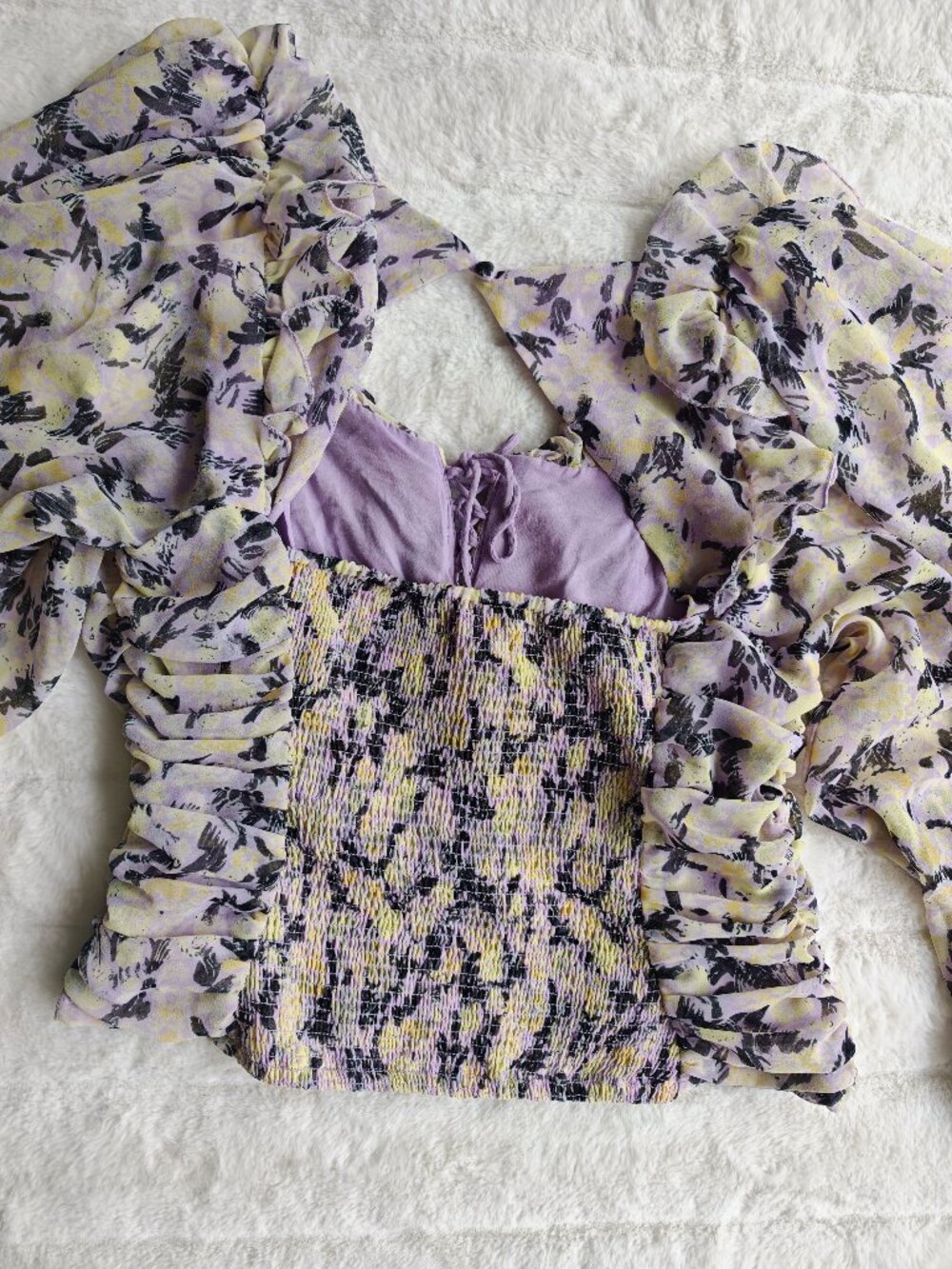 Free People Floral Ruched Blouse Top Puff Sleeve Tie Front Cottagecore Boho M - Picture 15 of 16